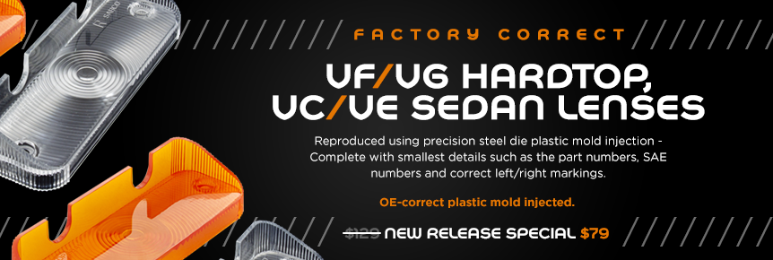 VC/VE Sedan, VF/VG Hardtop Front Indicator Lenses. Reproduced using precision steel die mold injection. Complete with smallest details such as the part numbers, SAE numbers and correct left/right markings. OE-correct plastic mold injected. NEW RELEASE SPE