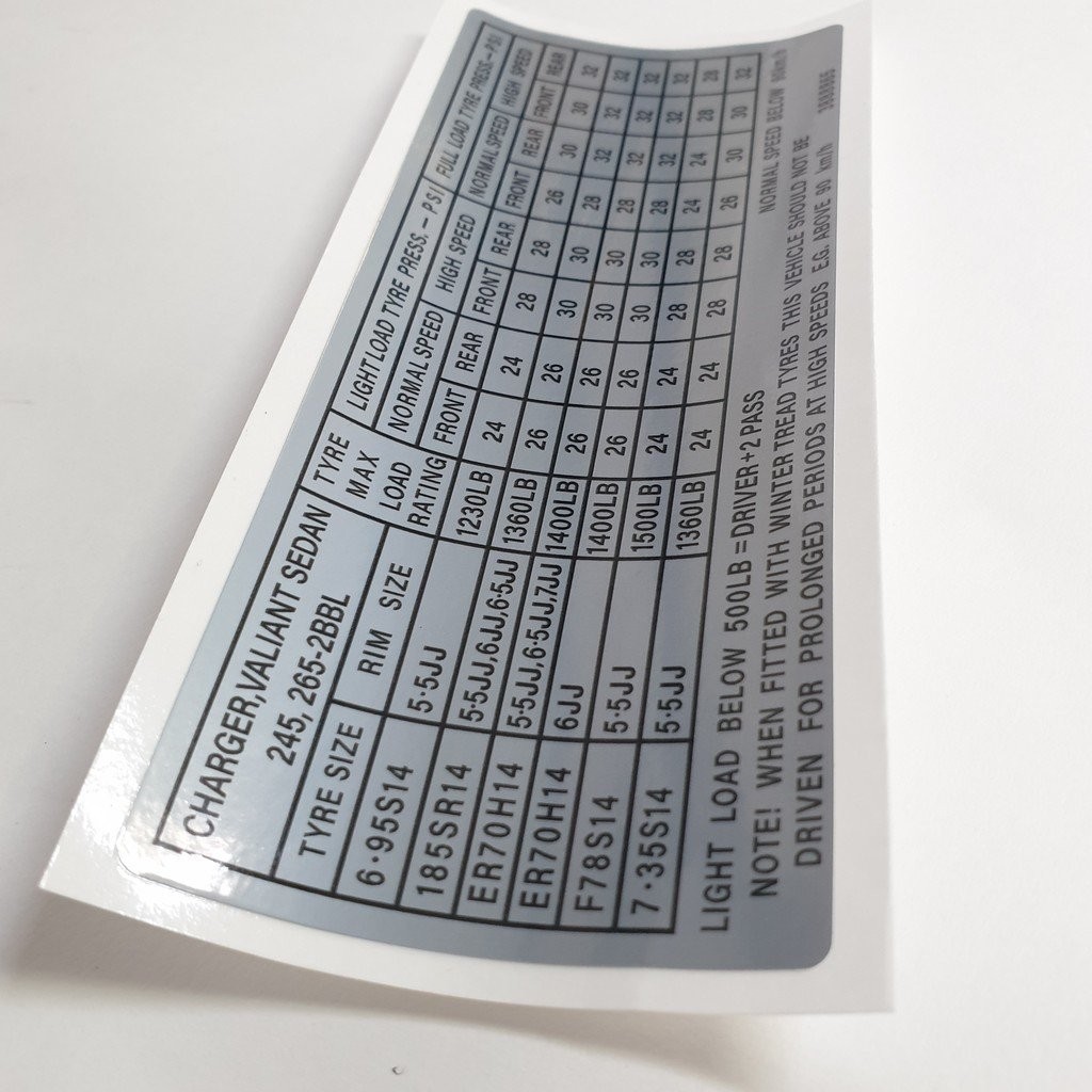 Tyre Pressure Placard Decal : suit VH/VJ/VJ/VK/CL/CM : “CHARGER, VALIANT SEDAN   245 & 265-2BBL”