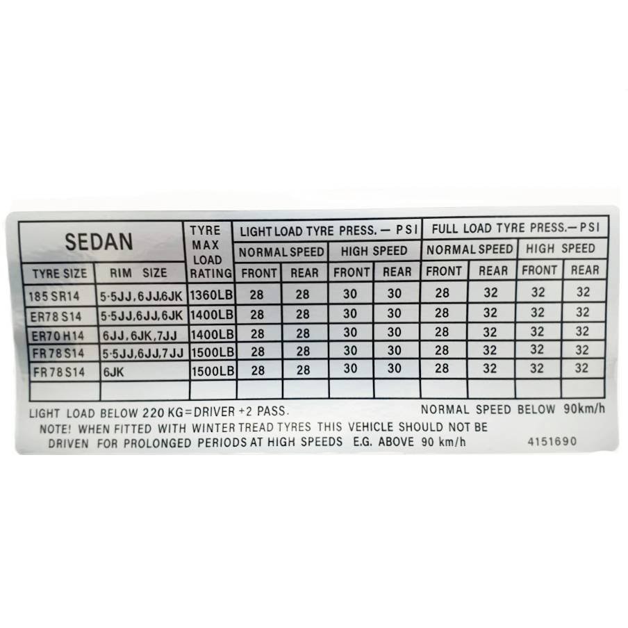Tyre Pressure Placard Decal : suit VH/VJ/VJ/VK/CL/CM : " SEDAN "