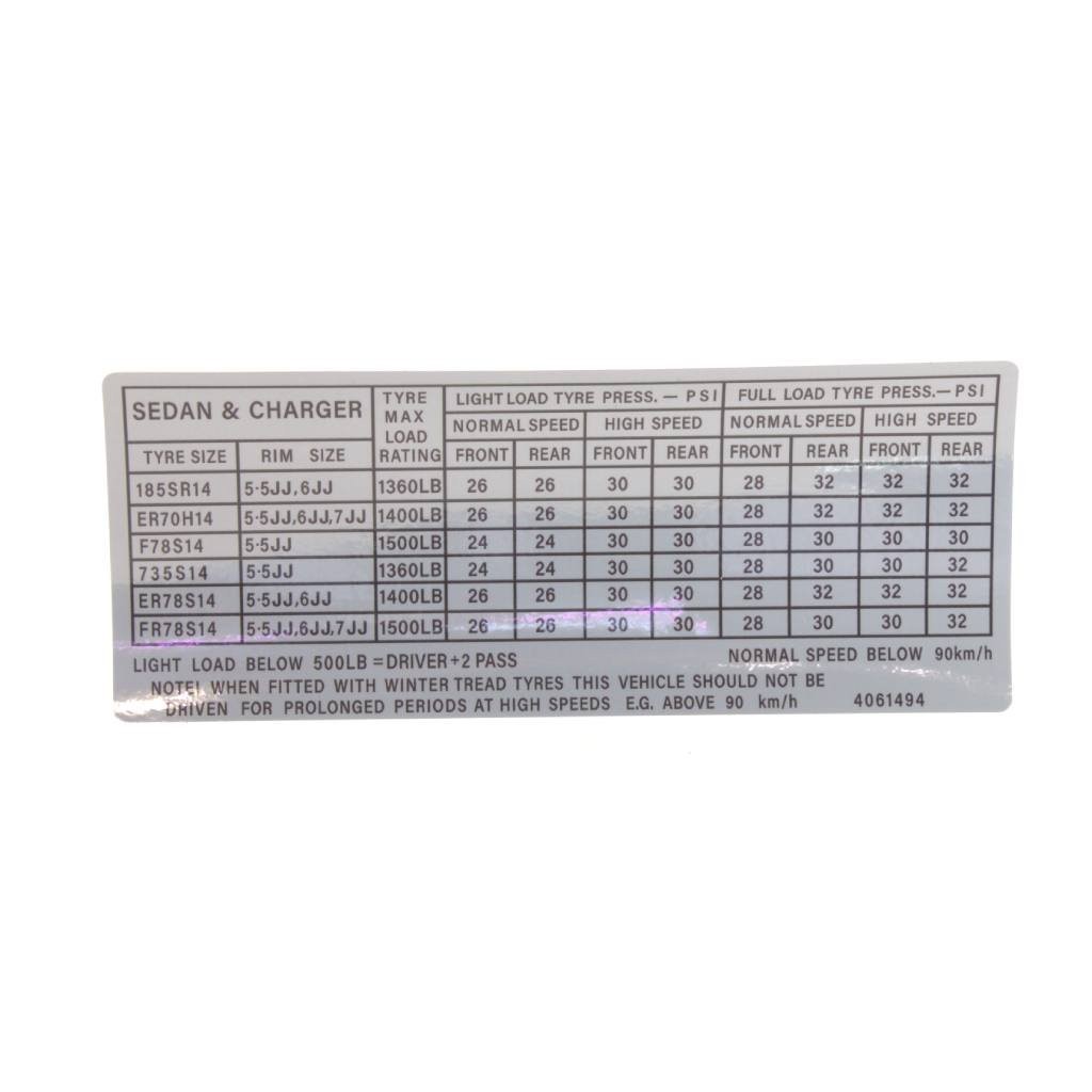 Tyre Pressure Placard Decal : suit VH/VJ/VJ/VK/CL/CM : "UTILITY, PANEL VAN"