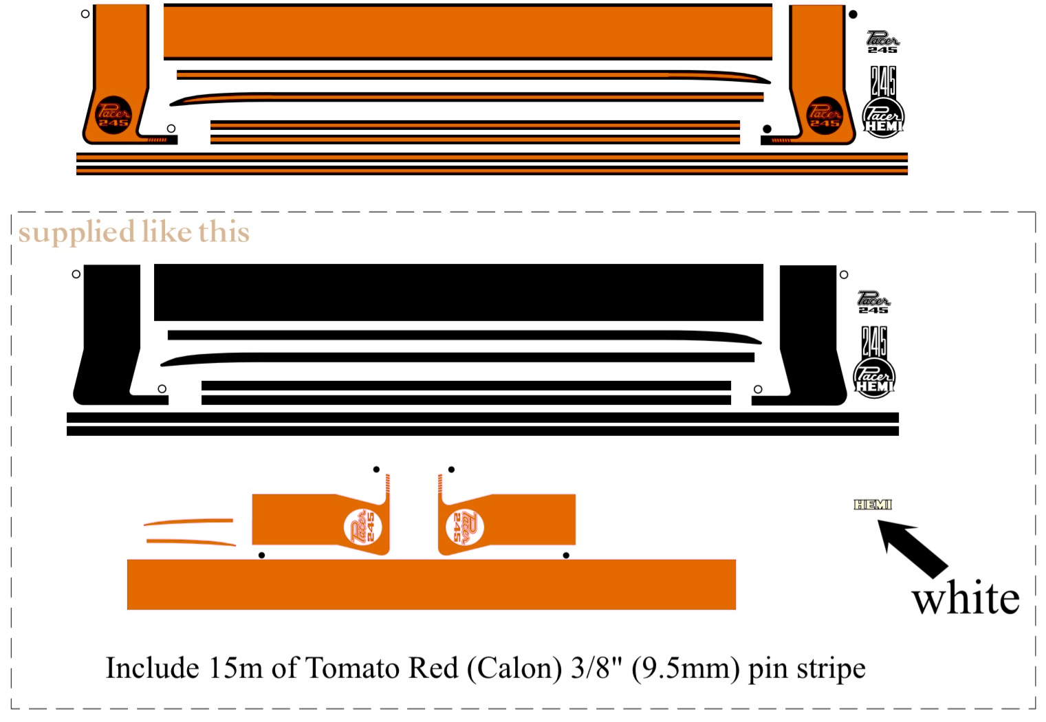 Body Stripe Kit : A88/A84 option codes (Suit VG Pacer Hardtop/Coupe) : Black with ORANGE inserts