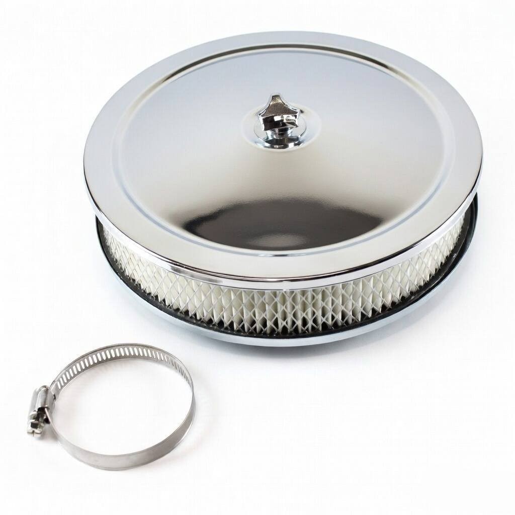 Chrome Air Cleaner : 2 barrel, 9 inch Diameter : 2-5/16" Throat - suit Clamp on Carburettor Single Barrel Stromberg