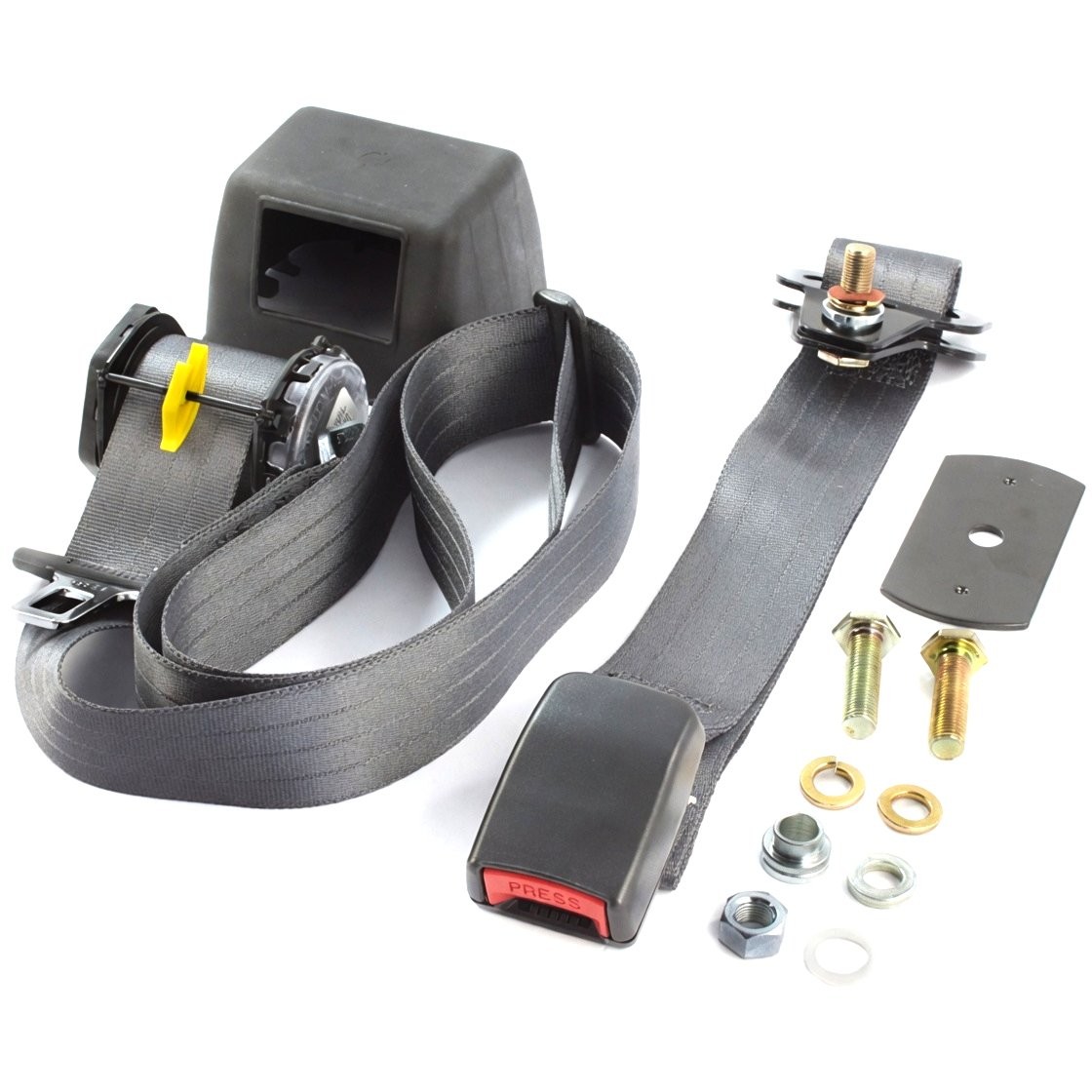 Rear Retractable Lap-Sash Seat Belt : GREY : top of parcel shelf : fits bench seats webbed adjustable