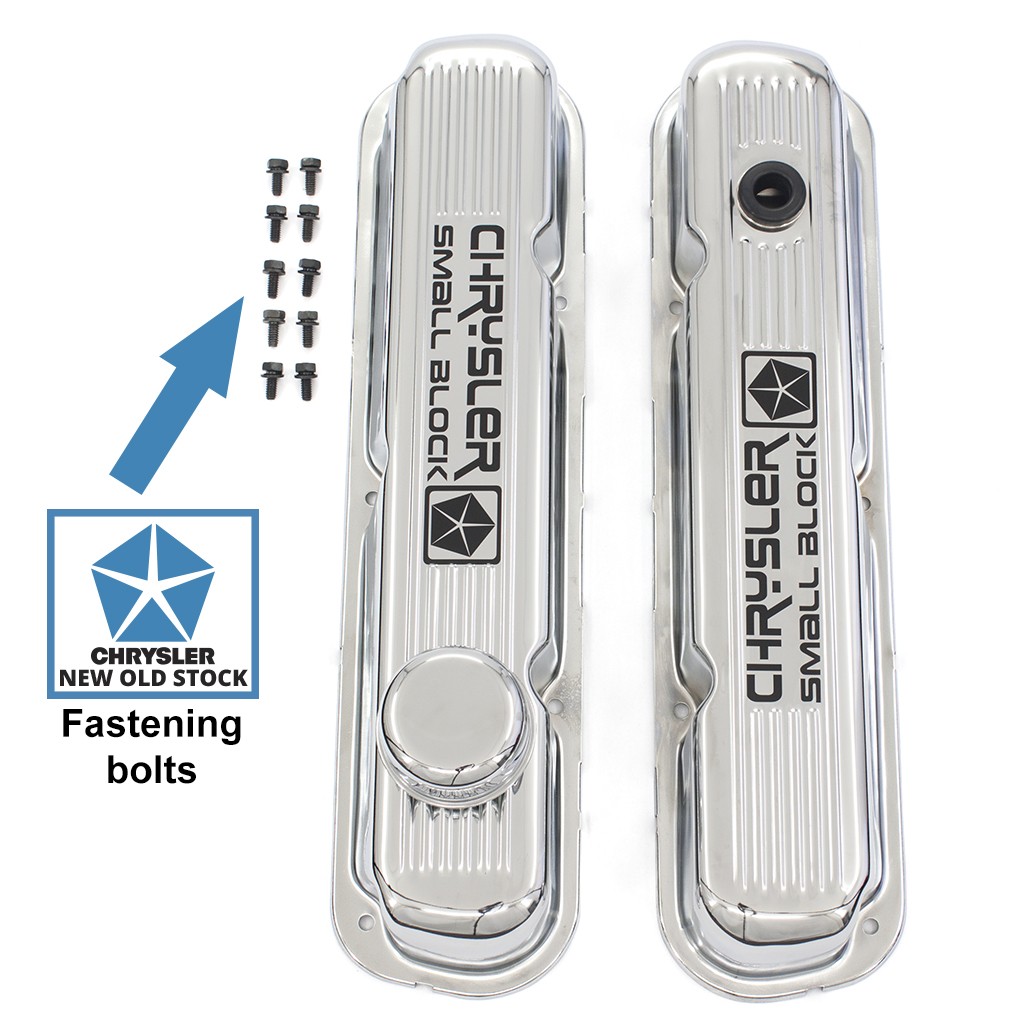Rocker Cover & Fastening Set, Chrome Steel (package with chrome cap, grommets, black call-out decals, & N.O.S. bolts) : suit Small Block