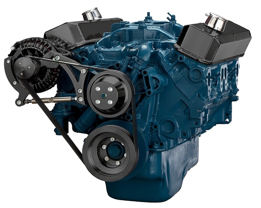 Complete Serpentine Kit - CLASSIC BLACK FINISH (Including 100amp Alternator) : Suit 318/340/360 Small BlockWater Pump Pulley (1 Belt)Crank Pulley (1 Belt)Alternator Pulley (1 Belt)Billet Aluminium Alternator BracketGates Premium 8 Rib Serpentine Belt100A 