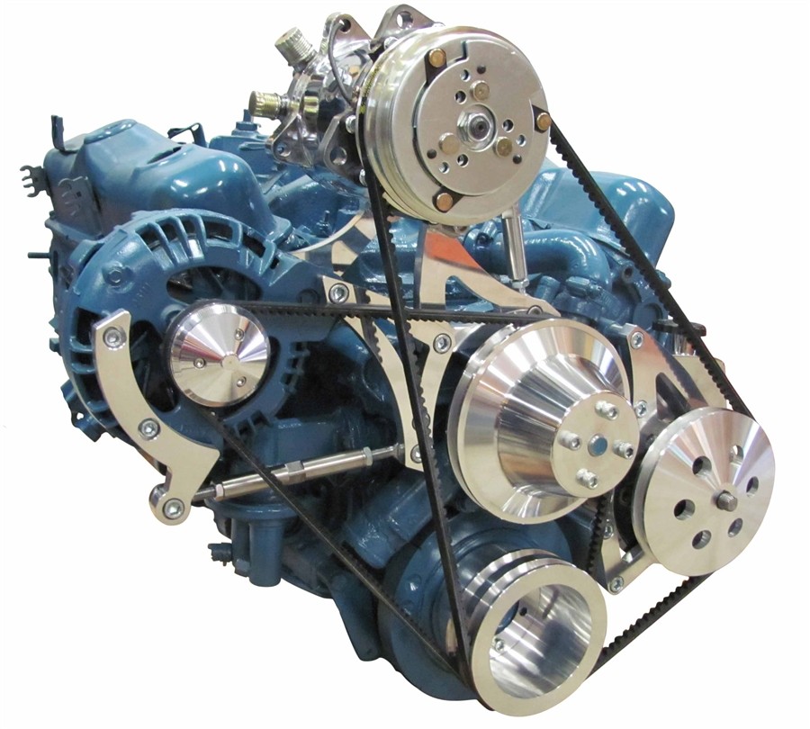 Complete V-Belt Package : Suit Small Block - 1970+ with ALLOY water Pump : Alternator, Power Steering & Air Conditioning : Billet Alloy Brackets : Billet Alloy Pulleys : Includes 100 Amp Alternator, Power Steering Pump & Air Conditioning Compressor :Chrom